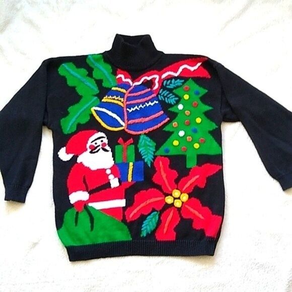 VintageCotton Holiday Sweater Ugly embellished 3D embroidered sz L 70s80s - Picture 1 of 6